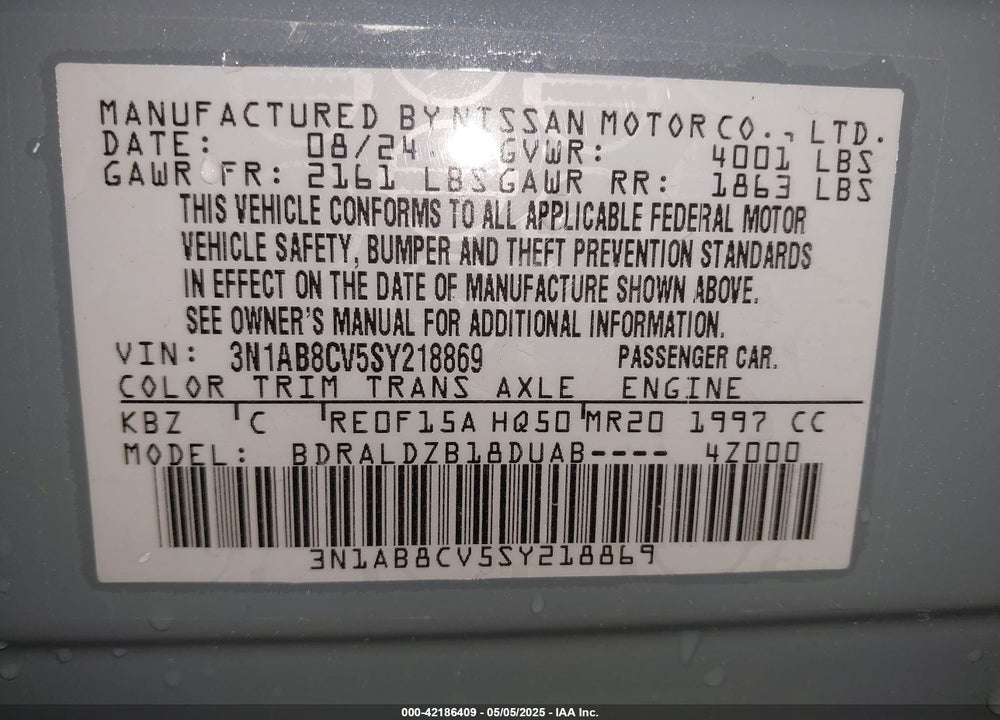 2025 NISSAN SENTRA SV VIN: 3N1AB8CV5SY218869