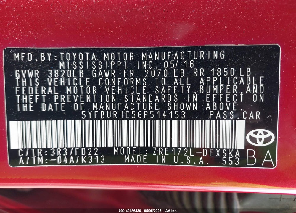 2016 TOYOTA COROLLA VIN: 5YFBURHE5GP514153