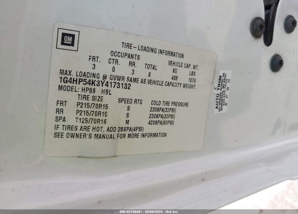 2000 BUICK LESABRE CUSTOM VIN: 1G4HP54K3Y4173132