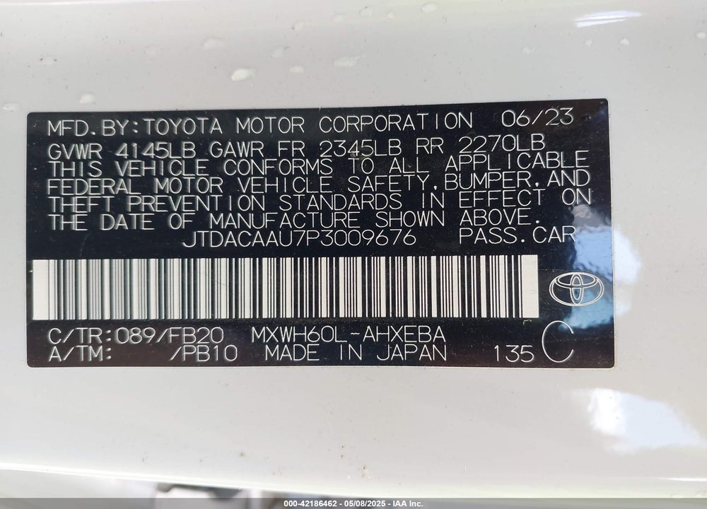 2023 TOYOTA PRIUS VIN: JTDACAAU7P3009676
