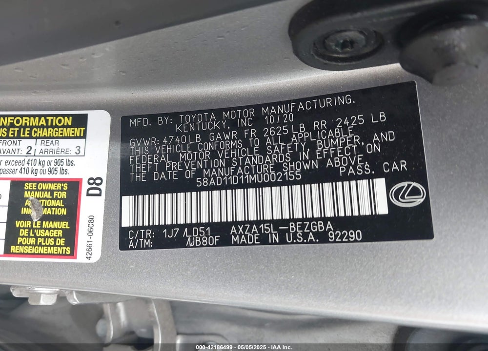 2021 LEXUS ES 250 VIN: 58AD11D11MU002155