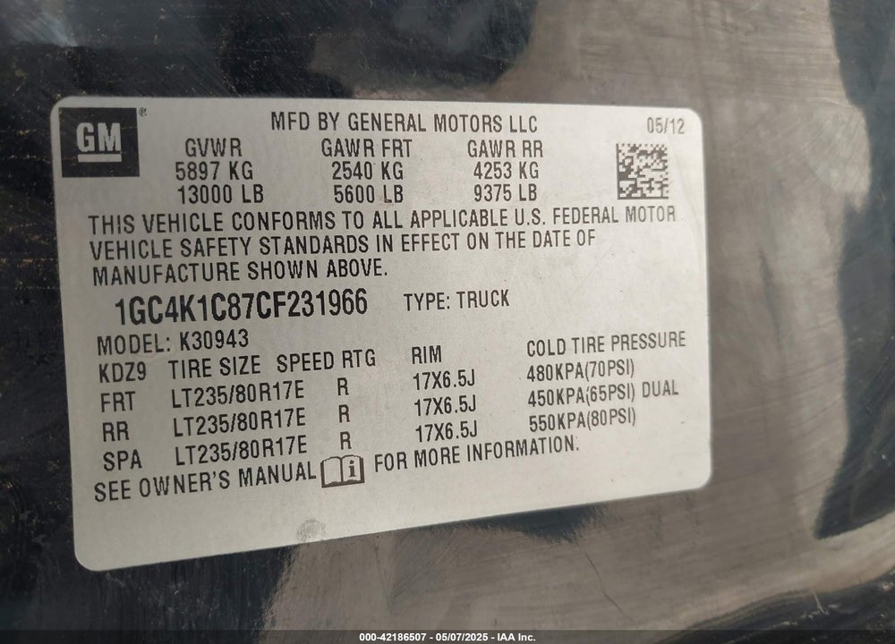 2012 CHEVROLET SILVERADO 3500HD LTZ VIN: 1GC4K1C87CF231966