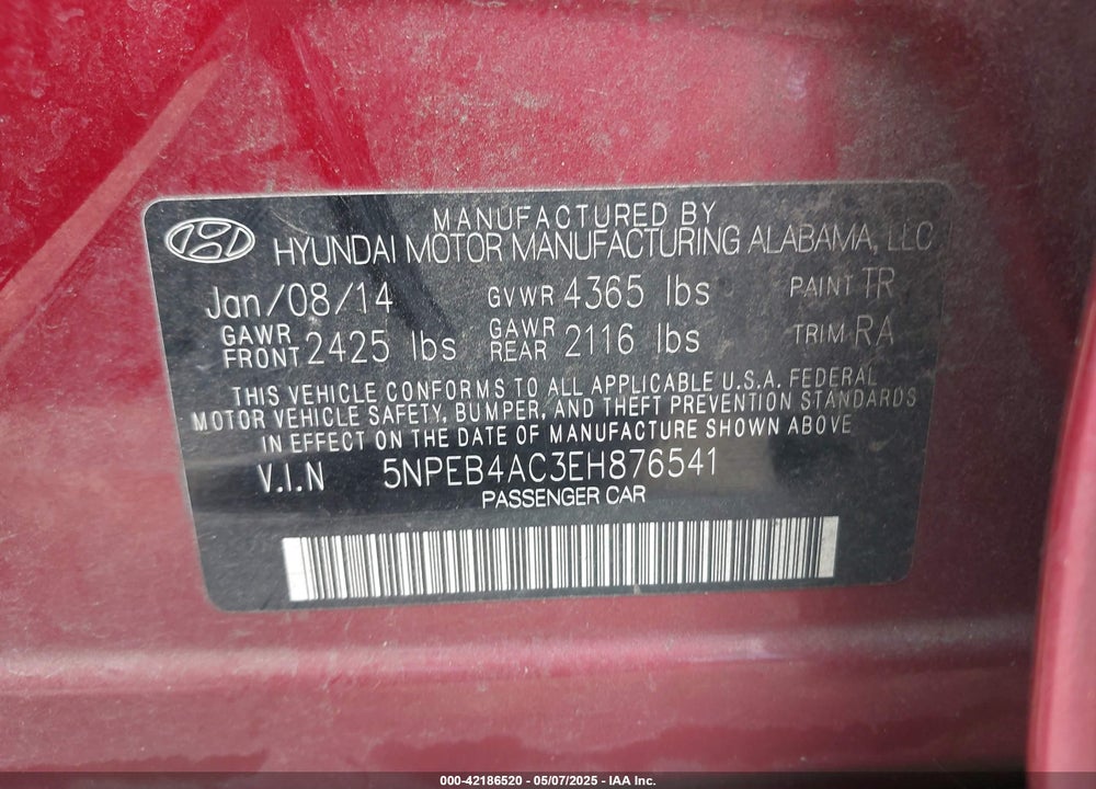 2014 HYUNDAI SONATA GLS VIN: 5NPEB4AC3EH876541