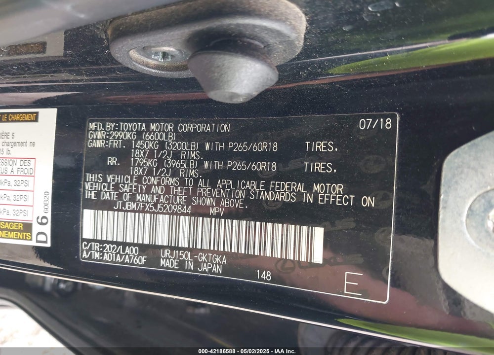 2018 LEXUS GX460 VIN: JTJBM7FX5J5209844
