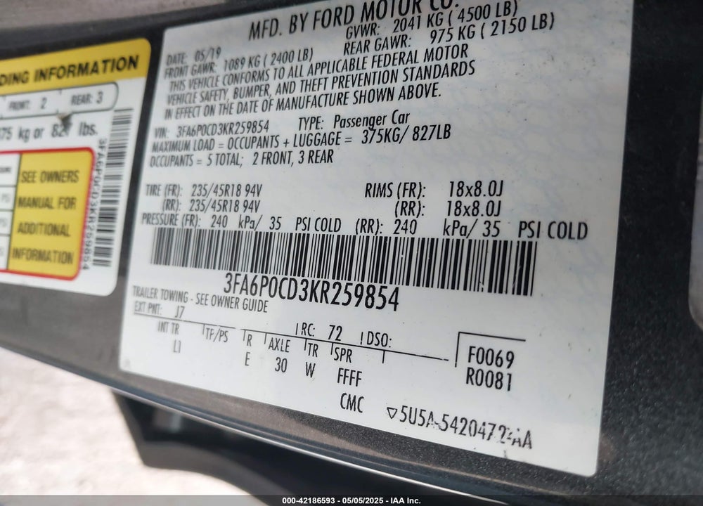 2019 FORD FUSION VIN: 3FA6P0CD3KR259854