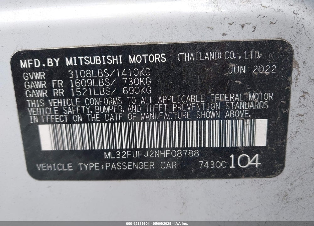 2022 MITSUBISHI MIRAGE G4 VIN: ML32FUFJ2NHF08788