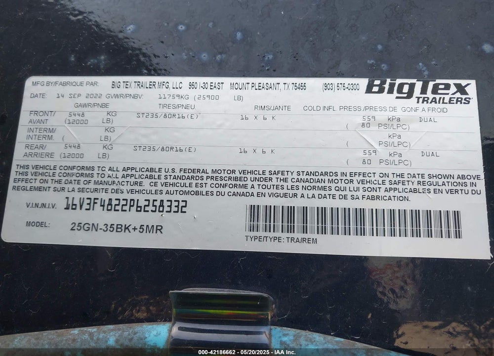 2023 BIG TEX TRAILER CO INC TRAILER VIN: 16V3F4822P6258332