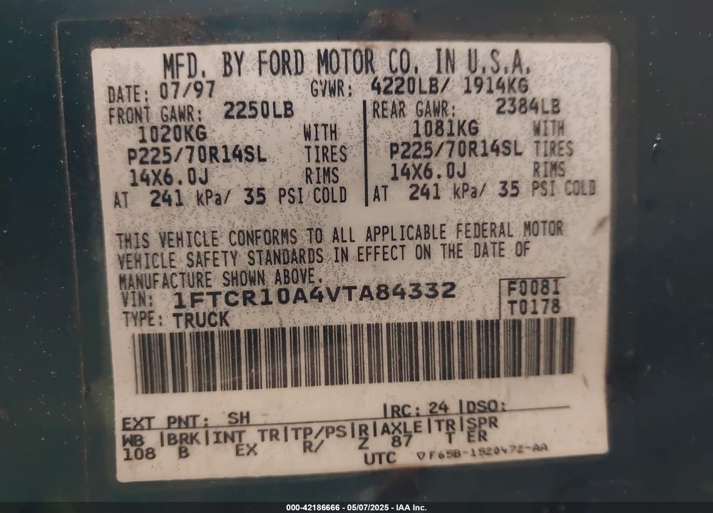 1997 FORD RANGER SPLASH/XL/XLT VIN: 1FTCR10A4VTA84332
