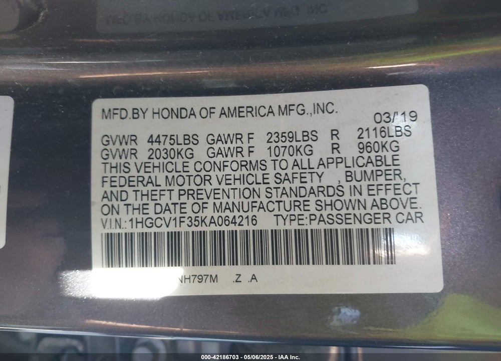 2019 HONDA ACCORD VIN: 1HGCV1F35KA064216