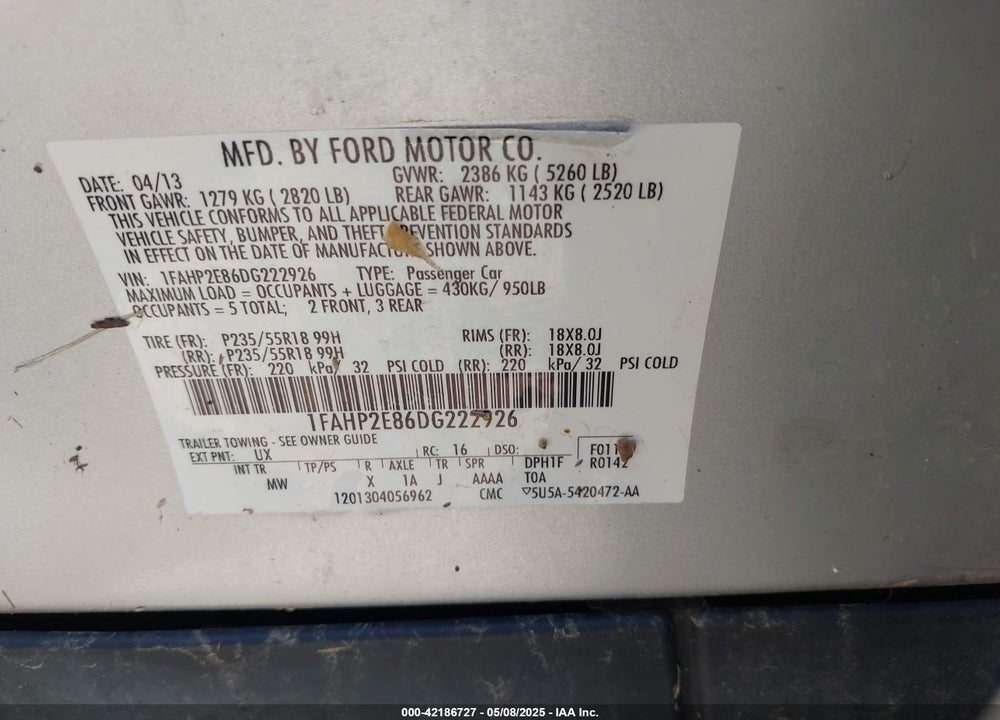 2013 FORD TAURUS SEL VIN: 1FAHP2E86DG222926