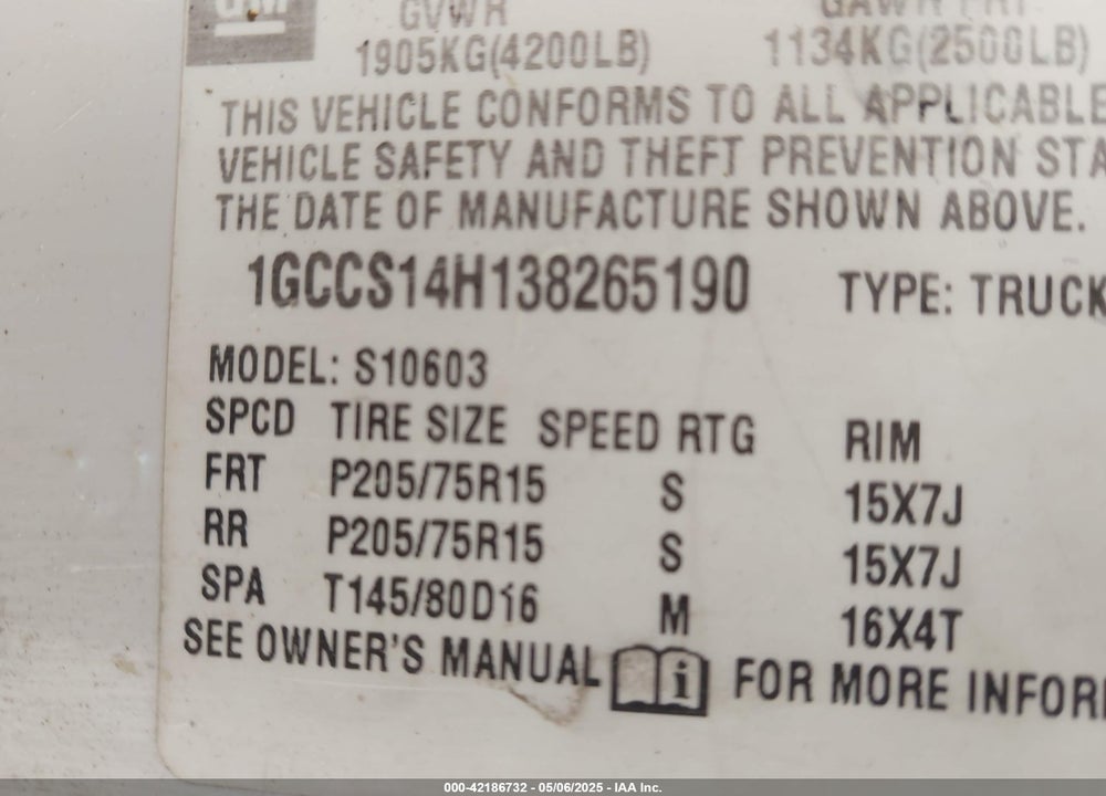 2003 CHEVROLET S-10 VIN: 1GCCS14H138265190
