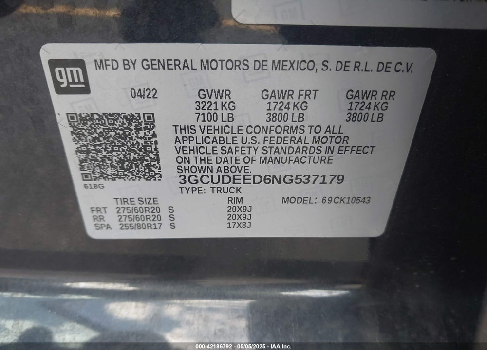 2022 CHEVROLET SILVERADO VIN: 3GCUDEED6NG537179