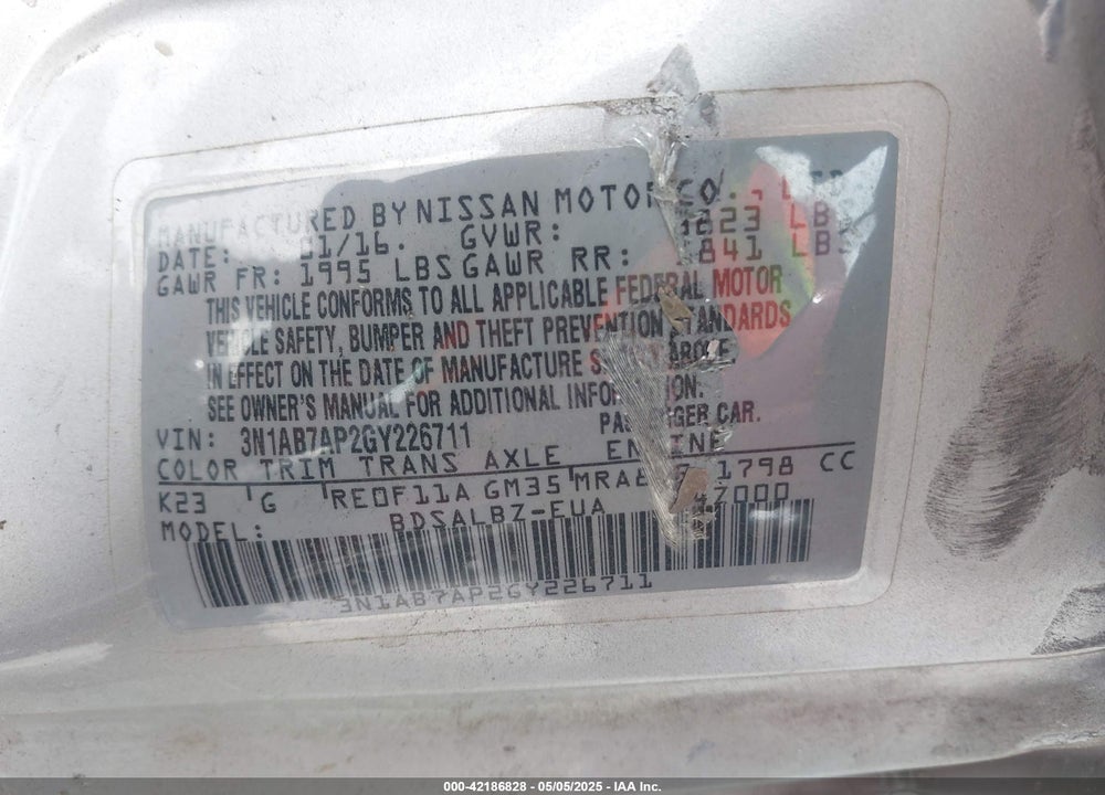 2016 NISSAN SENTRA VIN: 3N1AB7AP2GY226711