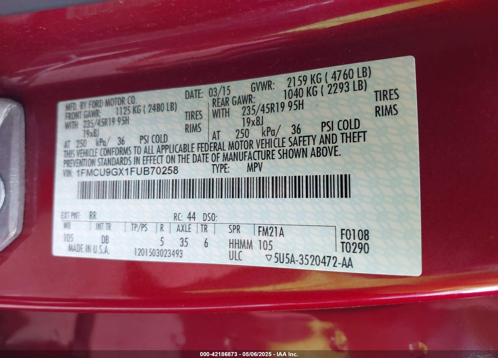 2015 FORD ESCAPE VIN: 1FMCU9GX1FUB70258