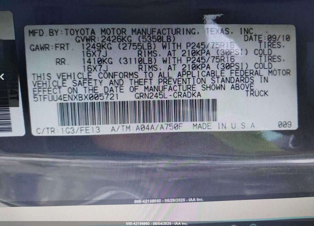 2011 TOYOTA TACOMA BASE V6 VIN: 5TFUU4ENXBX005721