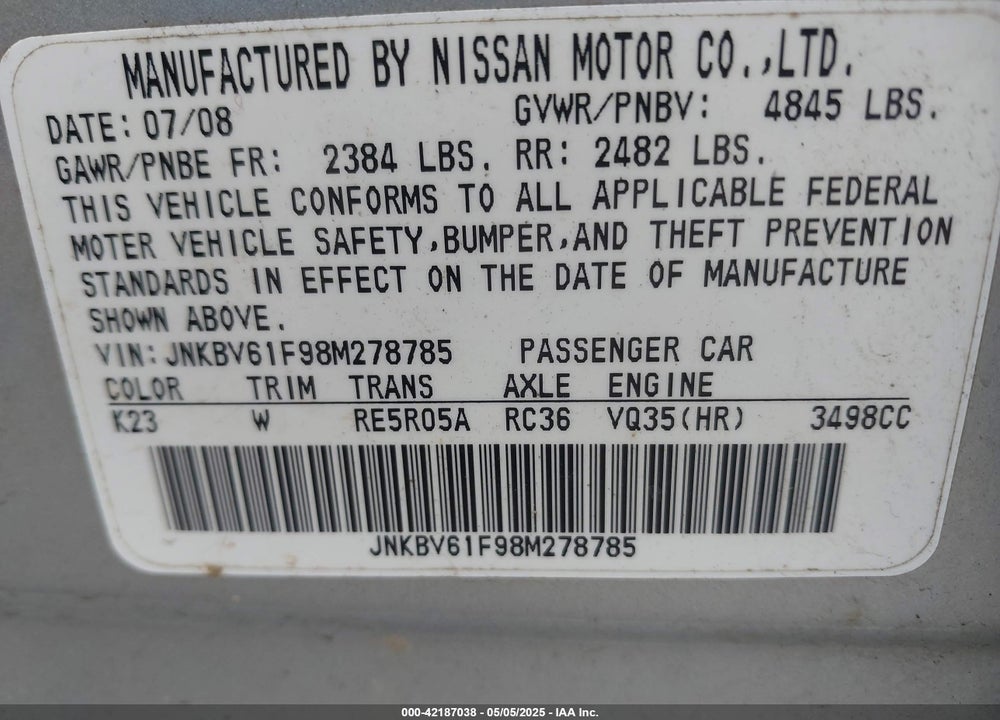2008 INFINITI G35X VIN: JNKBV61F98M278785