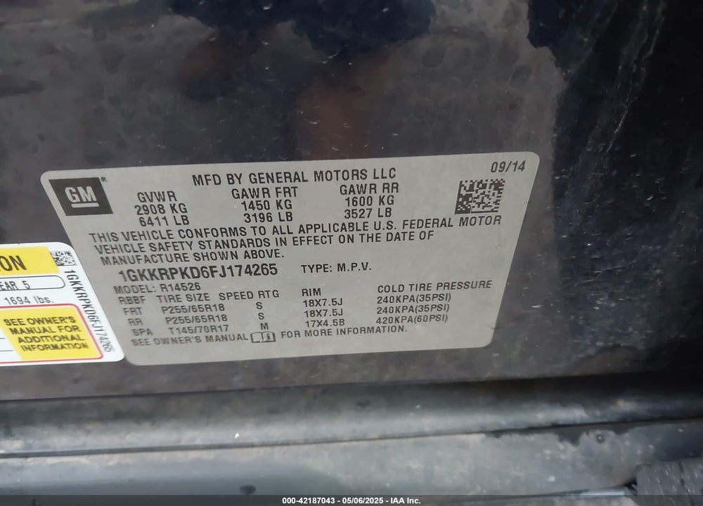 2015 GMC ACADIA SLE-2 VIN: 1GKKRPKD6FJ174265