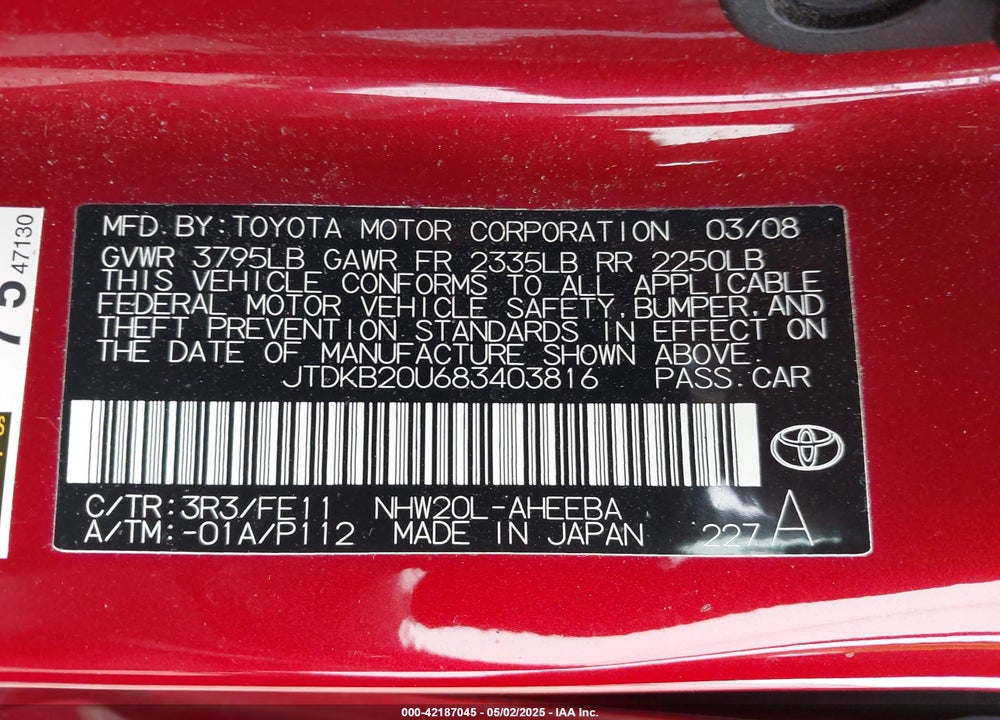 2008 TOYOTA PRIUS VIN: JTDKB20U683403816