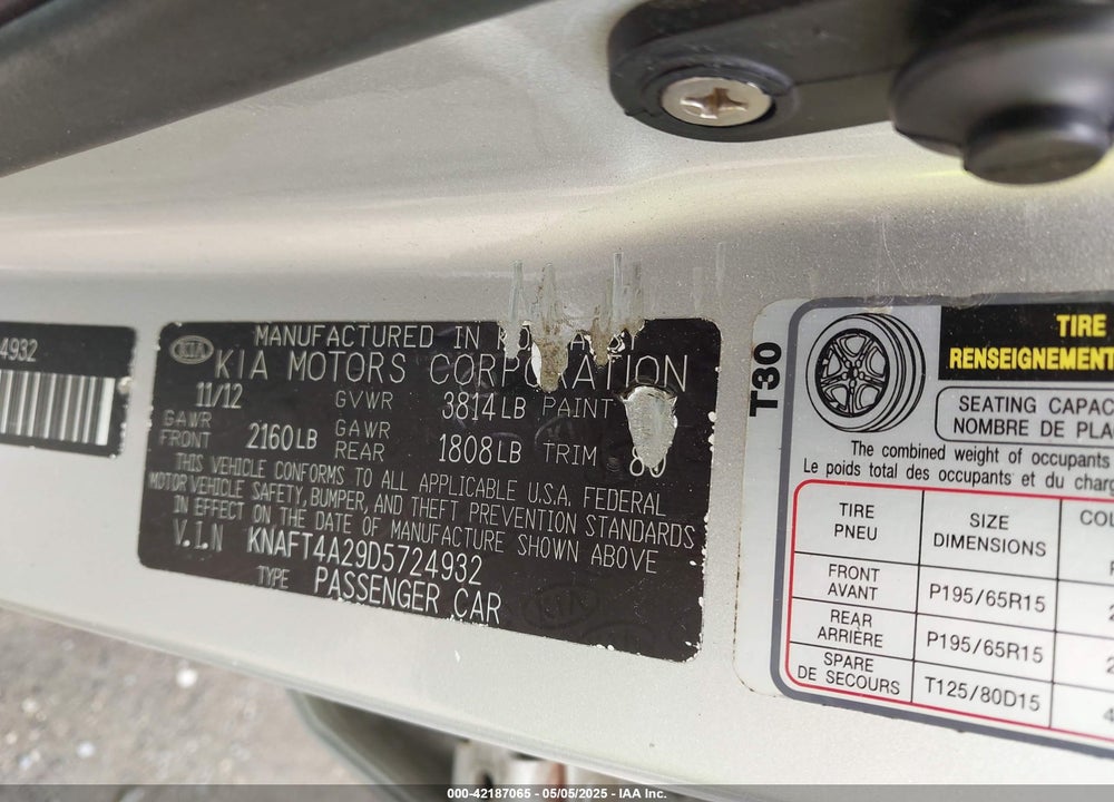 2013 KIA FORTE VIN: KNAFT4A29D5724932