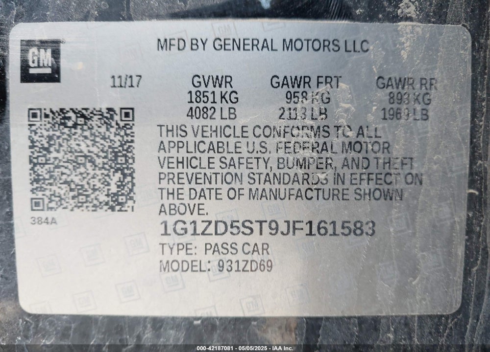 2018 CHEVROLET MALIBU VIN: 1G1ZD5ST9JF161583