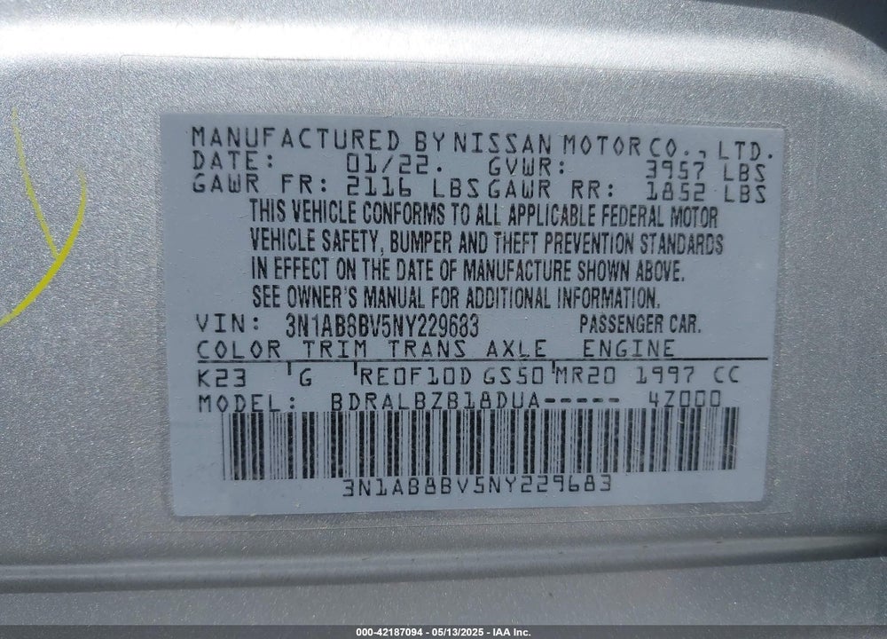 2022 NISSAN SENTRA VIN: 3N1AB8BV5NY229683