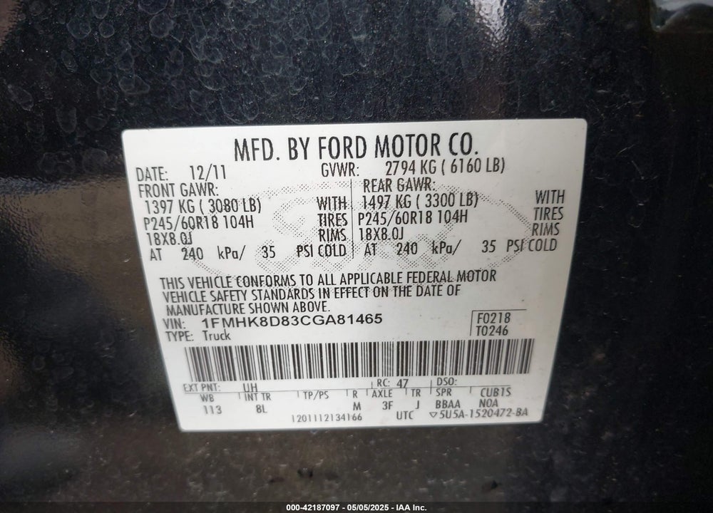 2012 FORD EXPLORER VIN: 1FMHK8D83CGA81465