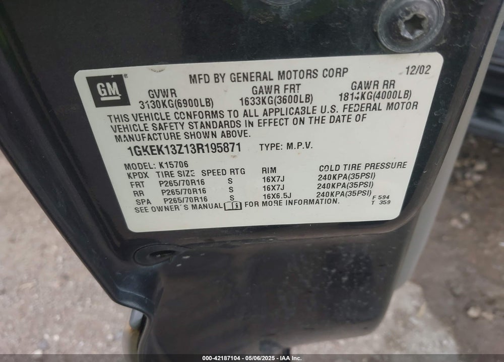 2003 GMC YUKON VIN: 1GKEK13Z13R195871