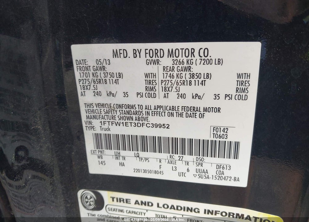 2013 FORD F-150 LARIAT VIN: 1FTFW1ET3DFC39952