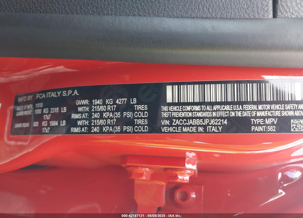 2018 JEEP RENEGADE VIN: ZACCJABB5JPJ62214