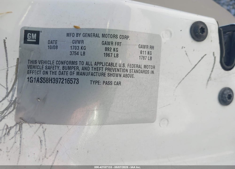 2009 CHEVROLET COBALT LS VIN: 1G1AS58H397216573