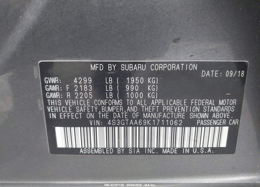 2019 SUBARU IMPREZA VIN: 4S3GTAA69K1711062