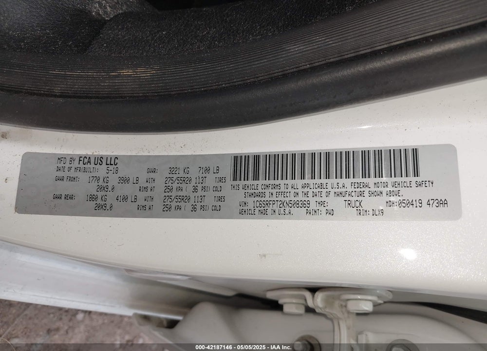 2019 RAM 1500 VIN: 1C6SRFPT2KN508369