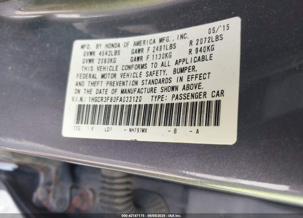 2015 HONDA ACCORD EX-L V-6 VIN: 1HGCR3F80FA033120