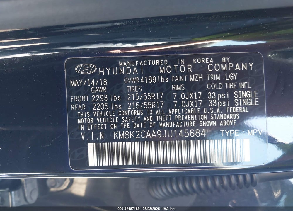 2018 HYUNDAI KONA SEL VIN: KM8K2CAA9JU145684