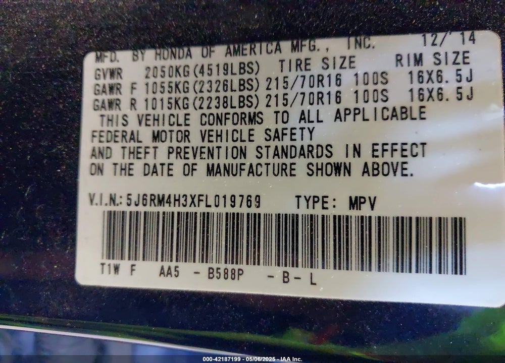 2015 HONDA CR-V VIN: 5J6RM4H3XFL019769