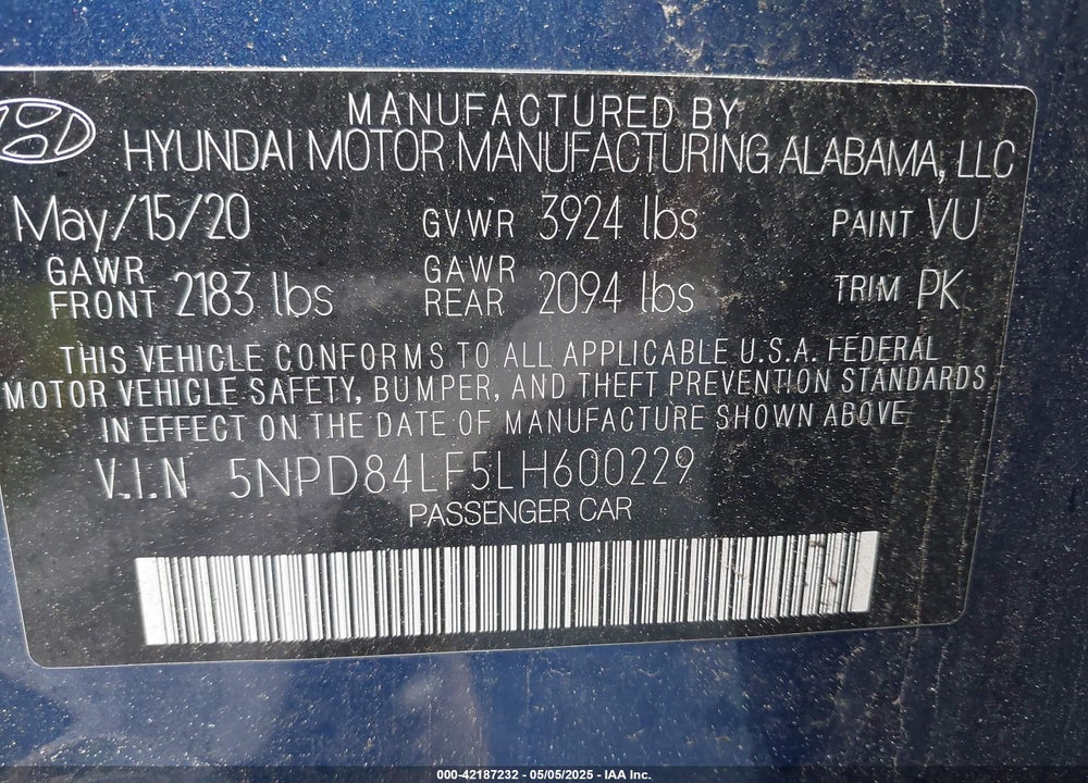 2020 HYUNDAI ELANTRA VIN: 5NPD84LF5LH600229