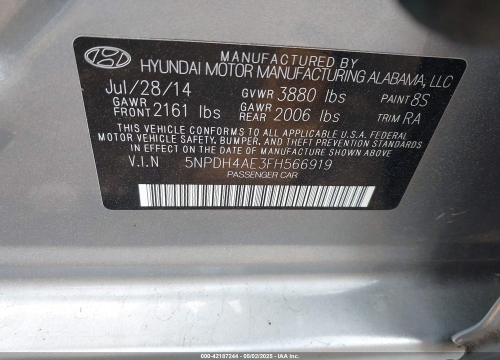 2015 HYUNDAI ELANTRA SE VIN: 5NPDH4AE3FH566919