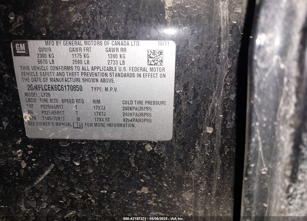 2012 CHEVROLET EQUINOX LS VIN: 2GNFLCEK6C6170850