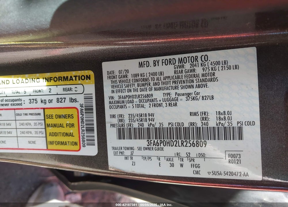 2020 FORD FUSION VIN: 3FA6P0HD2LR256809