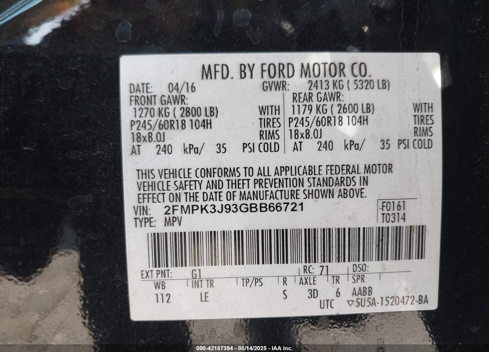 2016 FORD EDGE SEL VIN: 2FMPK3J93GBB66721