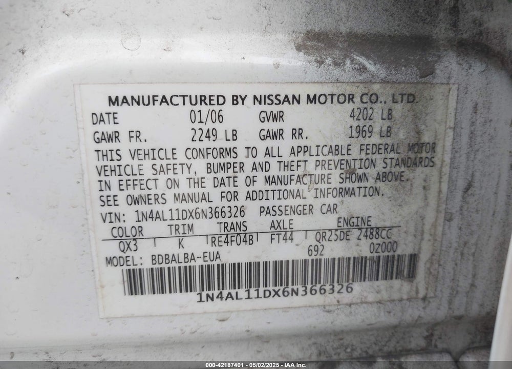 2006 NISSAN ALTIMA 2.5 S VIN: 1N4AL11DX6N366326
