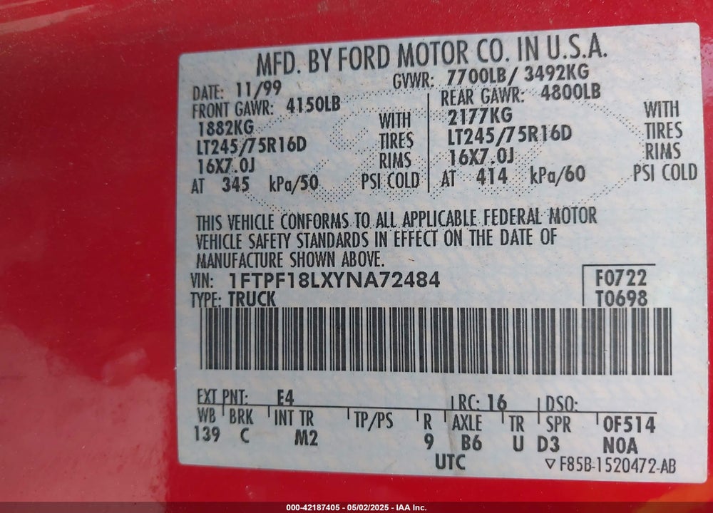 2000 FORD F-150 WORK SERIES/XL/XLT VIN: 1FTPF18LXYNA72484
