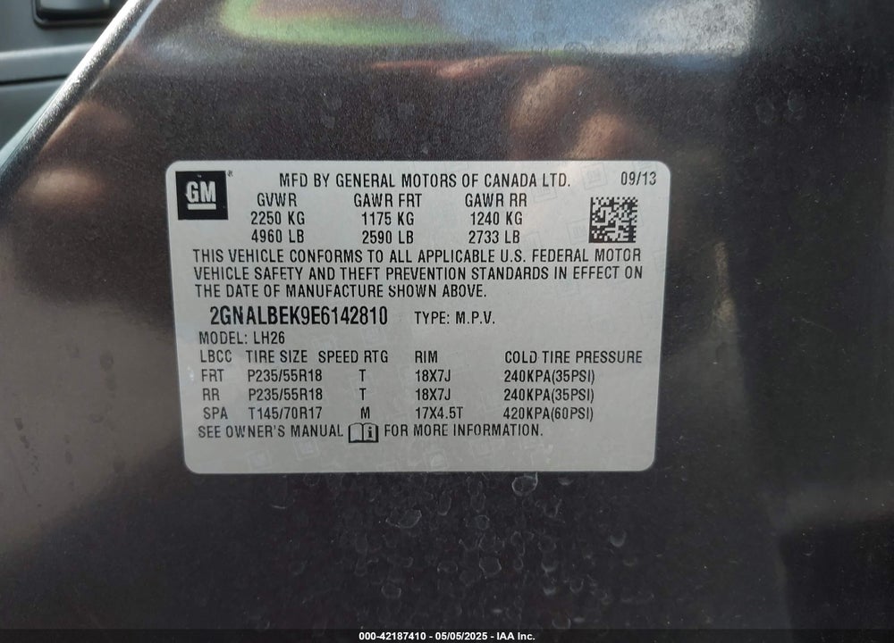 2014 CHEVROLET EQUINOX 1LT VIN: 2GNALBEK9E6142810
