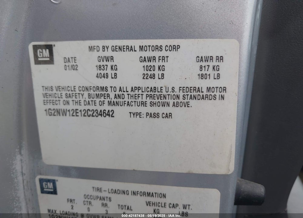 2002 PONTIAC GRAND AM GT VIN: 1G2NW12E12C234642