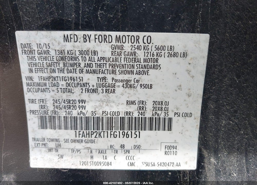 2015 FORD TAURUS SHO VIN: 1FAHP2KT1FG196151