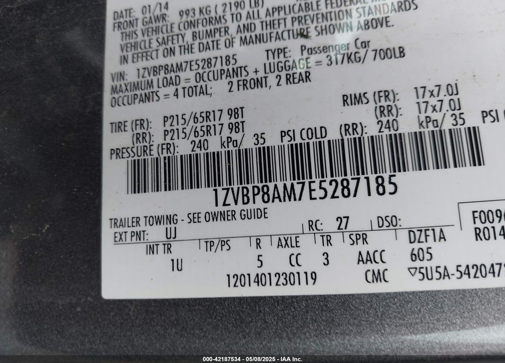 2014 FORD MUSTANG V6 VIN: 1ZVBP8AM7E5287185