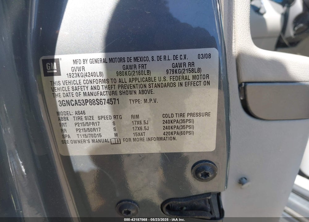 2008 CHEVROLET HHR LT VIN: 3GNCA53P88S674571