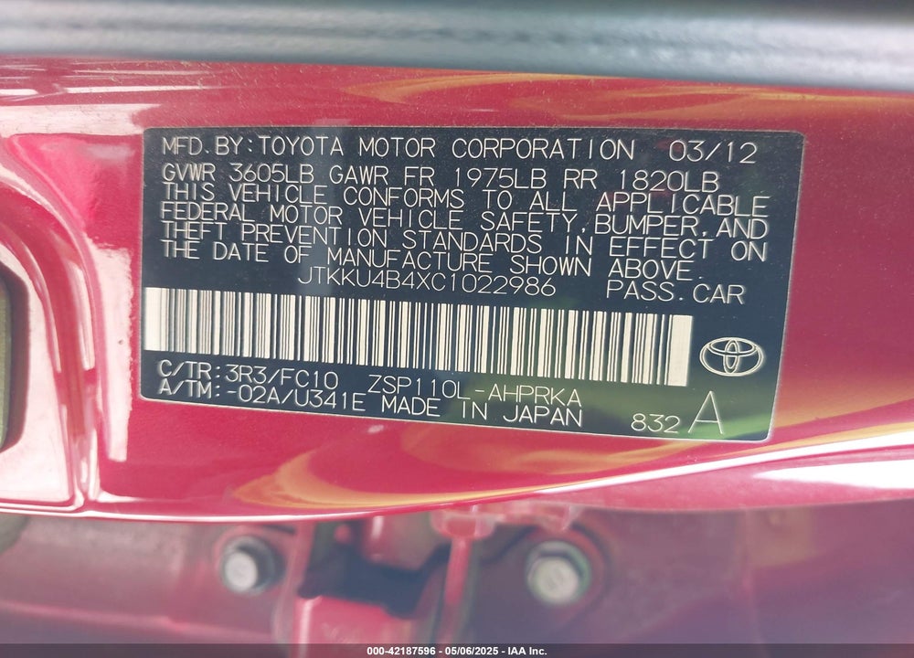 2012 SCION XD VIN: JTKKU4B4XC1022986