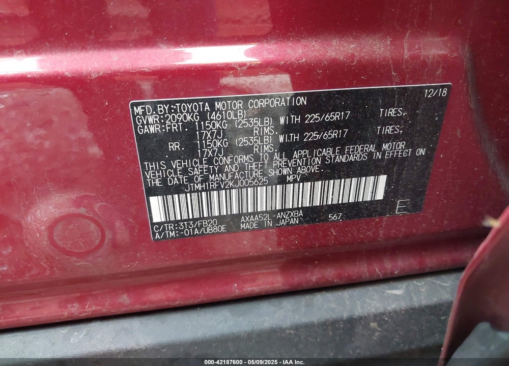 2019 TOYOTA RAV4 VIN: JTMH1RFV2KJ005625