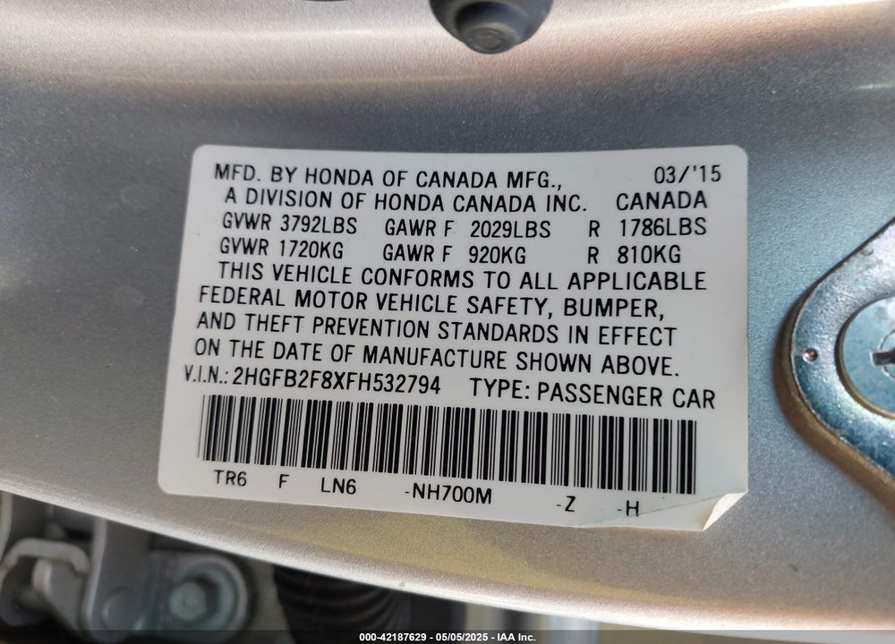 2015 HONDA CIVIC VIN: 2HGFB2F8XFH532794